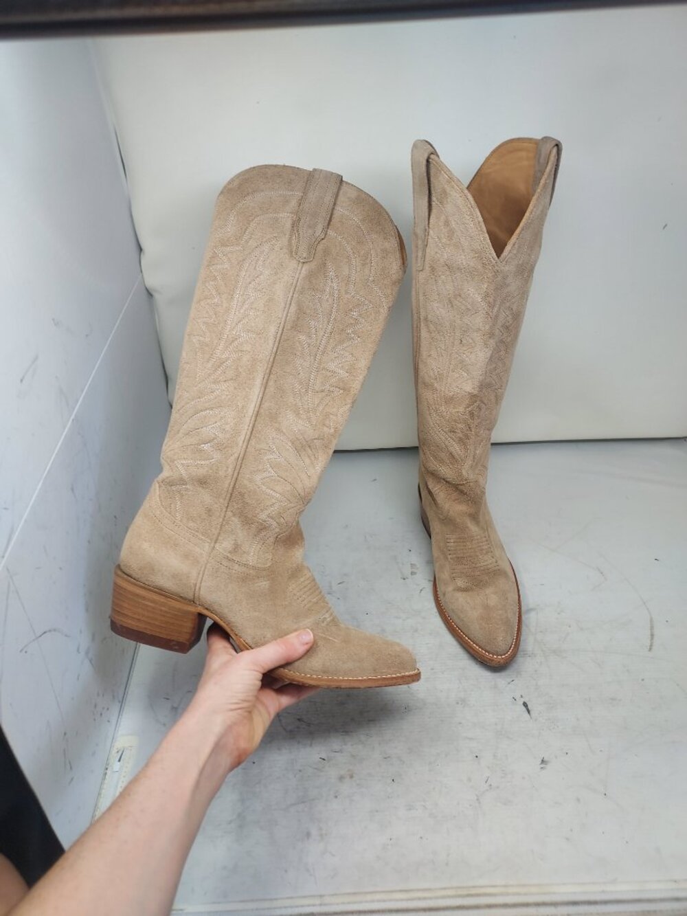 Tecovas WOMENS Driftwood Beige Suede Tall The Annie Western Cowboy Boot